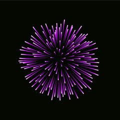 Beautiful pink firework. Bright firework isolated on black background. Light purple decoration firework for Christmas, New Year celebration, holiday, festival, birthday card. Vector illustration