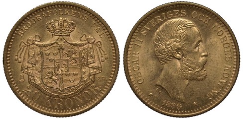 Union of Sweden and Norway coin twenty krona 1899, shield, mantle behind, crown above, King Oscar II head right, gold,