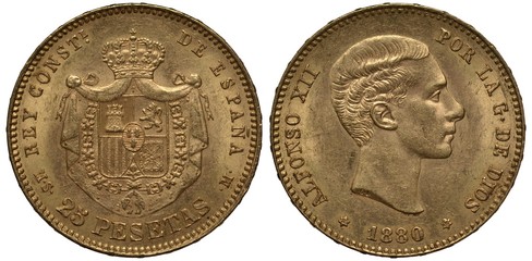 Spain Spanish coin twenty five pesetas 1880, shield surrounded by collar of the order, mantle behind, crown above, King Alfonso XII head right, gold,