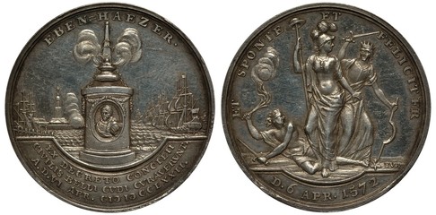 The Netherlands Dutch medal commemorating beginning of war for independence between the Netherlands and Spain, pedestal with portrait on it, something fuming above, seaport behind, 