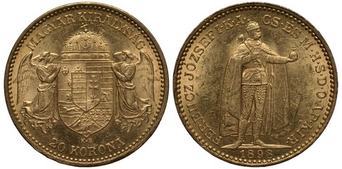 Hungary Hungarian coin 20 twenty korona 1898, crowned arms shield flanked by angels, Emperor Franz...
