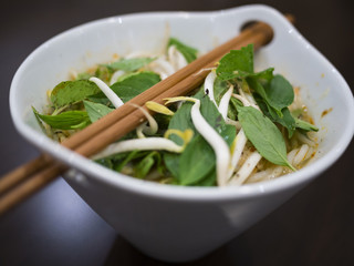 Beautiful and appetizing photo of a traditional vietnamese chicken noodle soup, also know as Pho Ga. In a white bowl with wooden background and luxurious wooden chopsticks.