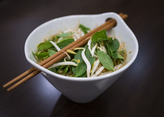 Beautiful and appetizing photo of a traditional vietnamese chicken noodle soup, also know as Pho Ga. In a white bowl with wooden background and luxurious wooden chopsticks.