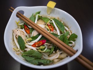 Beautiful and appetizing photo of a traditional vietnamese chicken noodle soup, also know as Pho Ga. In a white bowl with wooden background and luxurious wooden chopsticks.