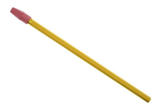 Yellow pencil with eraser cap on a white background.