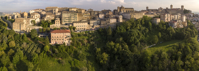 Aerial view of the municipality of Osimo, in the province of Ancona, in the Marche region, in Italy. The historic center, located on the highest hill of the city, called Gòmero, is a mountain tourist 