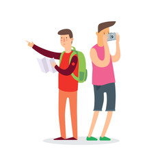 Tourism. Two young tourist looking for route and taking pictures of landmarks. Vector illustration.