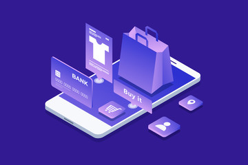 Concept of online shop, online shopping. Isometric image of phone, Bank card and shopping bag on blue background. 3d flat design. Vector illustration.