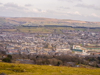 View of Darwen town from moorland around Darwen tower, Lancashire, UK