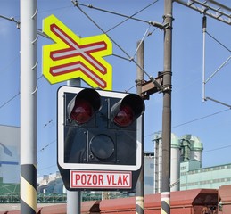 Warning light on railway crossing. (The inscription in the Czech language 