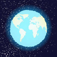Globe icon earth planet shining in space with stars, global world sign, map gps navigation isolated space travel symbol. Vector.