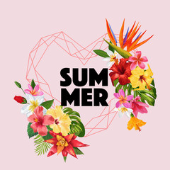Hello Summer Tropic Design. Tropical Hibiskus Flowers Background for Poster, Sale Banner, Placard, Flyer. Floral Vintage Composition. Vector illustration © wooster