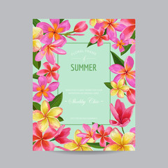Blooming Spring and Summer Floral Frame. Watercolor Tropical Plumeria Flowers for Invitation, Wedding, Baby Shower Card. Vector illustration