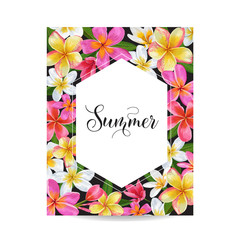 Summertime Floral Poster. Tropical Plumeria Flowers Design for Invitation, Banner, Flyer, Brochure. Hello Summer Watercolor Botanical Card. Vector illustration