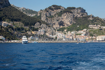 Amalfi seen from the sea on Amalfi Coast in the region Campania, Italy