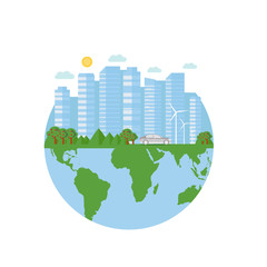 Happy Earth Day postcard with green city, car, wind turbine.