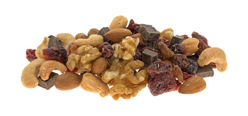 Chocolate and nut mixture isolated on a white background.