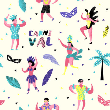 Carnival Seamless Pattern with Dancing Character People