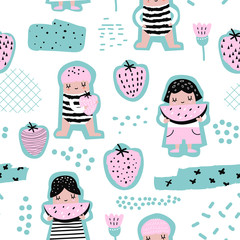 Childish Seamless Pattern with Cute Girls with Fruits