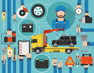 Car service online call flat design with wrecker car and mechanic isolated vector illustration