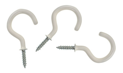 Three large white coated cup hooks on a white background.