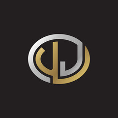 Initial letter UJ, looping line, ellipse shape logo, silver gold color on black background