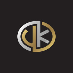 Initial letter UK, looping line, ellipse shape logo, silver gold color on black background