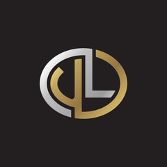 Initial letter UL, looping line, ellipse shape logo, silver gold color on black background