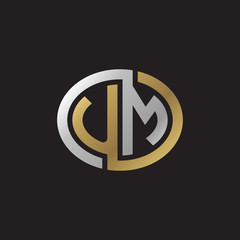 Initial letter UM, looping line, ellipse shape logo, silver gold color on black background