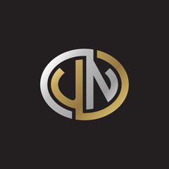 Initial letter UN, looping line, ellipse shape logo, silver gold color on black background