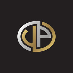 Initial letter UP, looping line, ellipse shape logo, silver gold color on black background