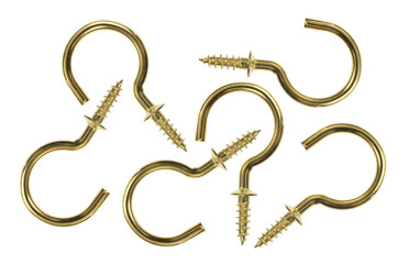 A group of large brass cup hooks on a white background.