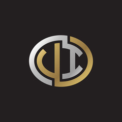 Initial letter VI, UI, looping line, ellipse shape logo, silver gold color on black background