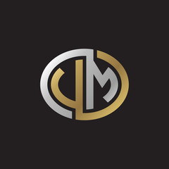 Initial letter VM, UM, looping line, ellipse shape logo, silver gold color on black background