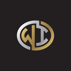 Initial letter WI, looping line, ellipse shape logo, silver gold color on black background