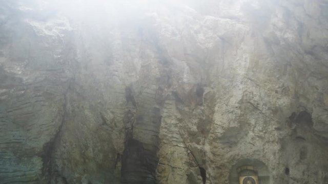 Natural underground karst mineral lake Proval with pure blue water in Pyatigorsk.