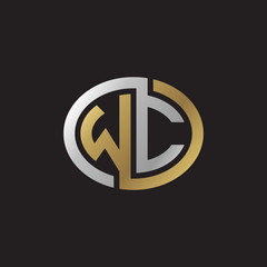 Initial letter WC, looping line, ellipse shape logo, silver gold color on black background