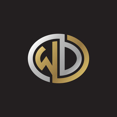 Initial letter WD, WO, looping line, ellipse shape logo, silver gold color on black background