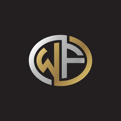 Initial letter WF, looping line, ellipse shape logo, silver gold color on black background