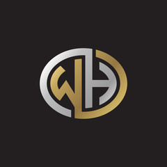 Initial letter WH, looping line, ellipse shape logo, silver gold color on black background