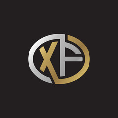 Initial letter XF, looping line, ellipse shape logo, silver gold color on black background