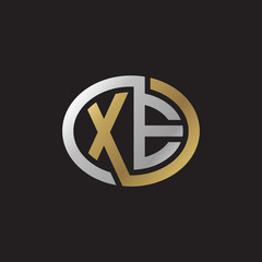 Initial letter XE, looping line, ellipse shape logo, silver gold color on black background