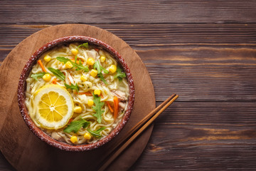 Asian food Chinese soup with noodles in bowl