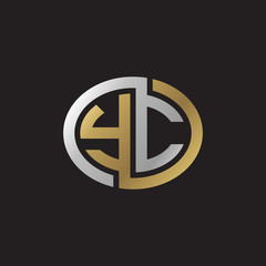 Initial letter YC, looping line, ellipse shape logo, silver gold color on black background