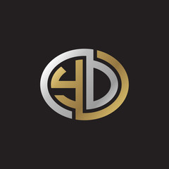 Initial letter YD, YO, looping line, ellipse shape logo, silver gold color on black background