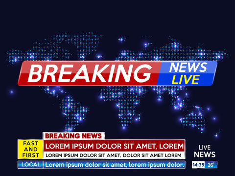 Background screen saver on breaking news. Breaking news live on blue background with light dots and world maap. Vector illustration.