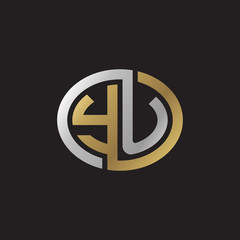 Initial letter YU, looping line, ellipse shape logo, silver gold color on black background