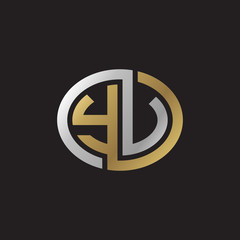 Initial letter YV, YU, looping line, ellipse shape logo, silver gold color on black background