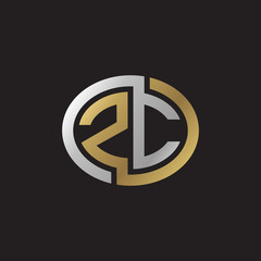 Initial letter ZC, looping line, ellipse shape logo, silver gold color on black background