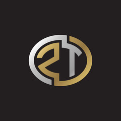 Initial letter ZT, looping line, ellipse shape logo, silver gold color on black background